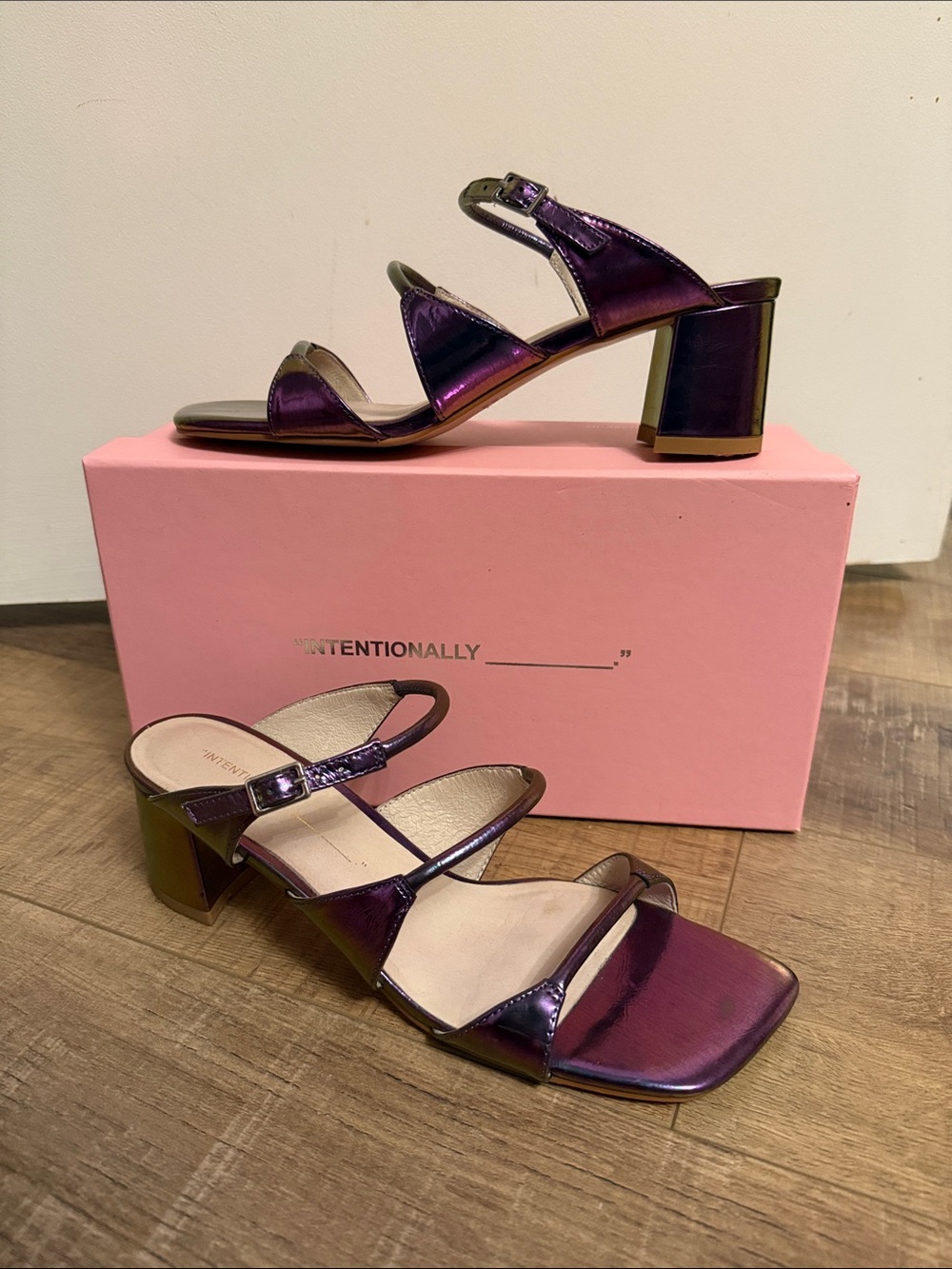 INTENTIONALLY BLANK Metallic Purple Strappy Block Heel Sandals